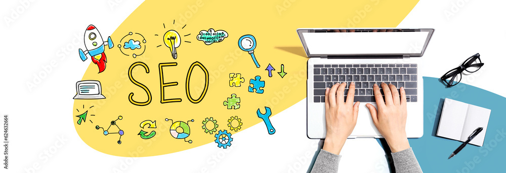 Poster seo with person using a laptop computer