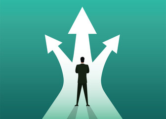 businessman standing in front of the direction choice crossroads business decision symbol