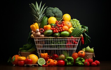 A shopping cart filled with lots of different types of vegetables. AI