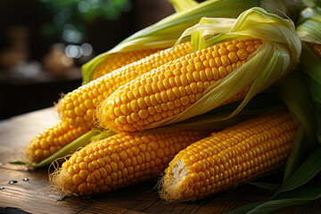 Fresh corn on cobs on wooden table, closeup. Healthy food