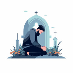 sad man kneeling near a grave, with his head bowed