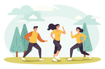 People Exercise Outdoor In The Park, Healthy Lifestyle, Flat Design Cartoon Vector.