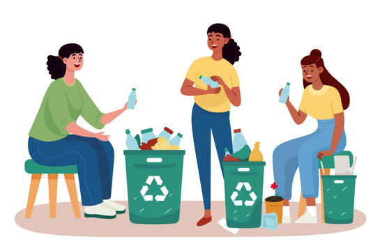People are sorting bottles, cardboard paper, and other, Waste sorting into recycling bins, save the earth, flat Style cartoon vector 