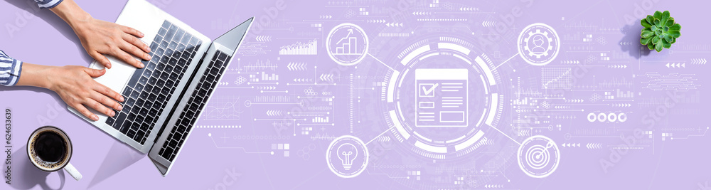 Poster project management theme with person using a laptop computer