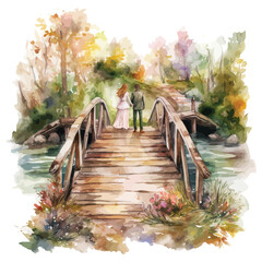 A rustic outdoor wedding, where the groom is carrying the bride over a wooden bridge, with trees and flowers in the background watercolor