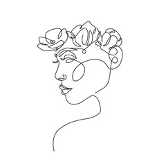 Woman Face with Flowers Line Vector Drawing. Style Template with Female Face with Flowers. Modern Minimalist Simple Linear Style. Beauty Fashion Design 