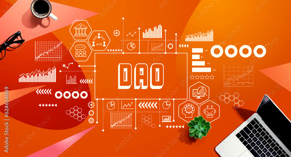 Poster dao- decentralized autonomous organization theme with a laptop computer on a orange pattern backgrou