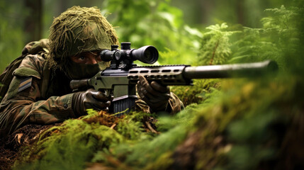 Fototapeta premium Camouflaged sniper taking a shot. Generative AI