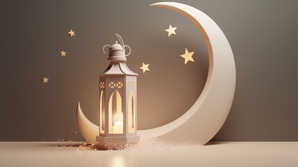 Ramadan Kareem lantern with crescent moon in desert, background for islamic holidays. Generative ai
