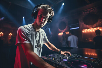 Fototapeta na wymiar disc jockey working at mixer controller in a nightclub. Generative AI