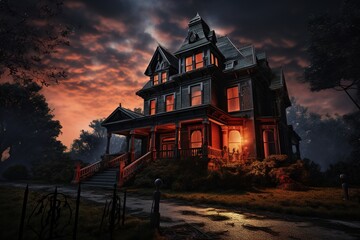 Fototapeta premium Spooky Victorian house designed for Halloween in the United States. Halloween Background. Generative AI