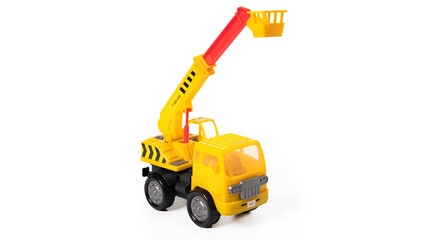 Plastic toy car telescopic lift isolated on white background.