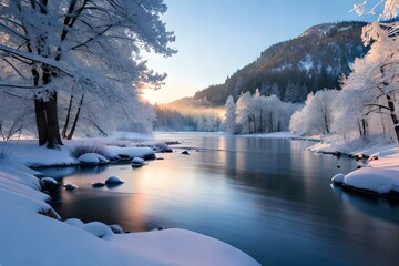 landscape with snowy lake over the sunrise