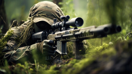 Fototapeta na wymiar Camouflaged sniper taking a shot. Generative AI