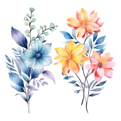 a set of watercolor flowers and leaves