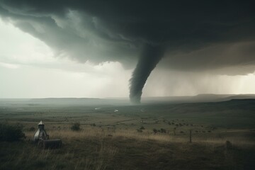 Tornado amid stormy terrain, highlighting natural disasters and climate change concept. Generative AI