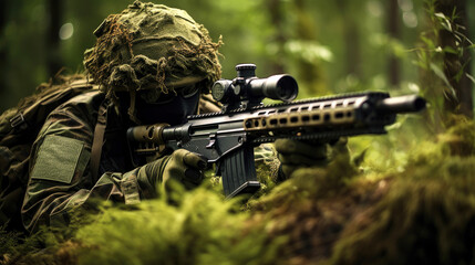 Fototapeta premium Camouflaged sniper taking a shot. Generative AI