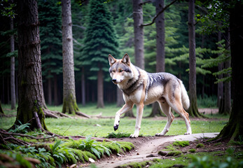 Obraz premium Close up realistic photo of a wolf in the forest, blurry background