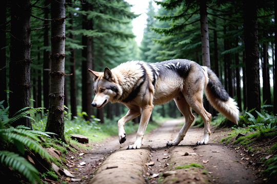 Close up realistic photo of a wolf in the forest, blurry background