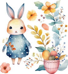 cute watercolor bunny with flowers watercolor