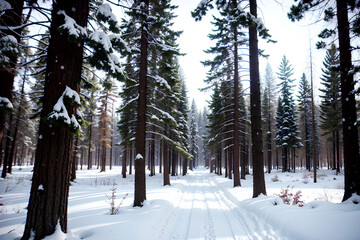 Realistic photo landscape of winter snow forest