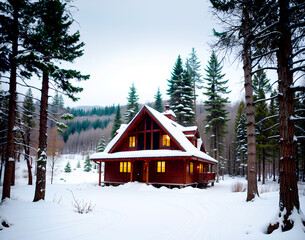 Realistic photo landscape of winter snow forest and wood house