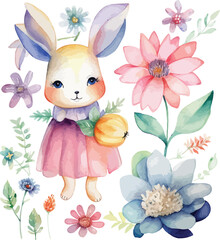 cute watercolor bunny with flowers watercolor