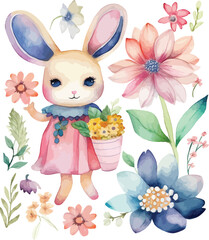 cute watercolor bunny with flowers watercolor