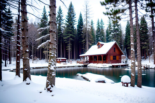 Realistic photo landscape of winter snow forest lake and wood house