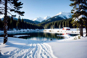 Realistic photo landscape of winter snow forest mountain and lake