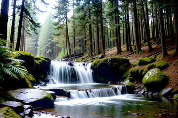 Realistic photo landscape of green tree forest and creek