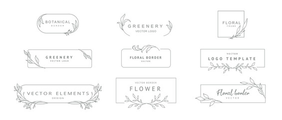 Elegant floral frames. Logo templates in minimal linear style with hand drawn branches and leaves. Botanical vector illustration for labels, corporate identity, wedding invitation, save the date