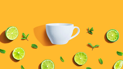Obraz na płótnie Canvas Fresh limes with tea cup overhead view - flat lay