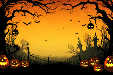 Bright magical orange Halloween background with pumpkins