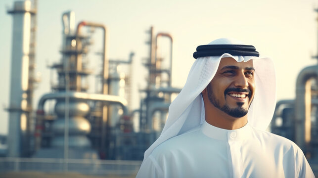 Successful Muslim Arab businessman with an oil pump, oil refinery plant in the background. Successful Saudi, Emirati, Arab businessman.