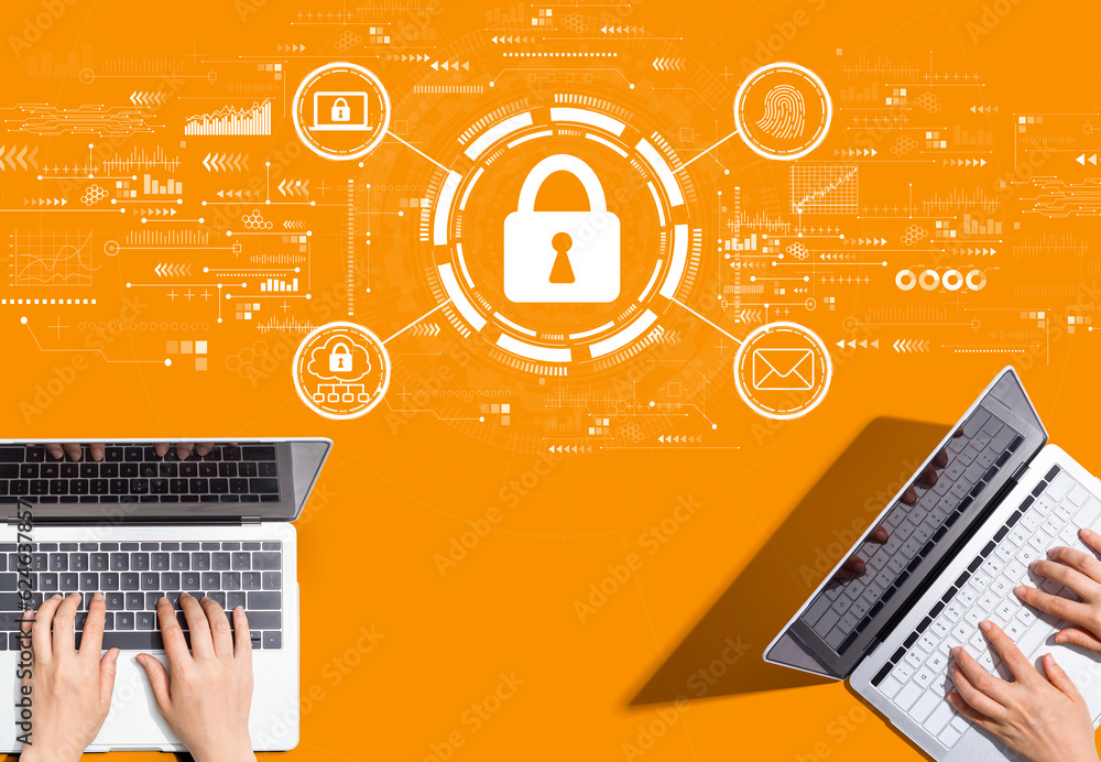 Poster internet network security concept with people working together with laptop computers