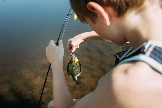 Looking down at boy with fish on hook on summer day