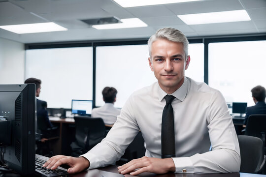 male executive with gray hair, exuding confidence and success in a modern office environment