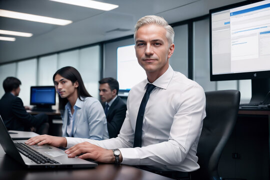 male executive with gray hair, exuding confidence and success in a modern office environment