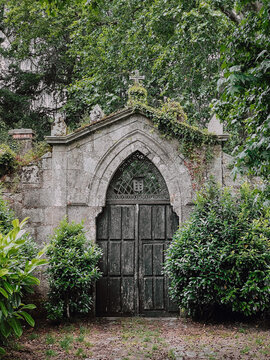 Medieval stone and wood manor gate covered with green plants and trees