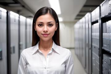 beautiful, futuristic brunette woman dressed in formal executive attire, commanding the high-tech server room with confidence and sophistication