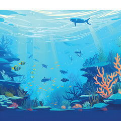 Fototapeta na wymiar Marine Life Landscape - Ocean and underwater world with different inhabitants for print, video creation or web design graphics, user interface, cards, posters.GenerativeAI.