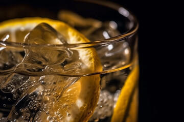 Natural lemonade with ice in the glass macro, closeup, Generative AI