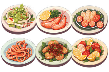 Seafood meals set in cartoon style.GenerativeAI.