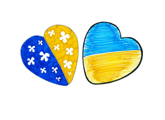 Two blue yellow hearts on a white background. Flag of Ukraine. One heart is divided into two colors vertically in a white flower. Another heart has a black outline, divided in half diagonally. Marker 