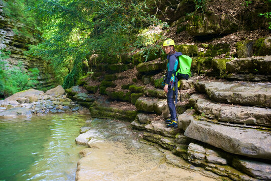 Woman canyoneering in Furco Canyon in Spanish Pyrenees