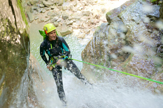 Woman canyoneering in Furco Canyon in Spanish Pyrenees