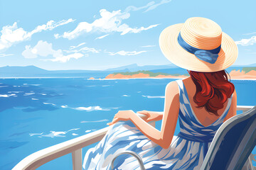 Women in sun hat on cruise vessel enjoy summer seaside landscape,Blue ocean scenic view background.GenerativeAI.