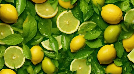 Fototapeta na wymiar Lemons and lemons with green leaves on a green background, Creative food summer citrus fruits banner panorama wallpaper, seamless pattern texture, Top view of many fresh lemons, ai generative