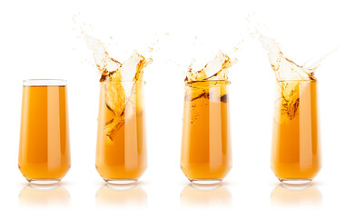 Set of four apple yellow cool juices in glass with reflection, calm and  juicy splashes and drops...